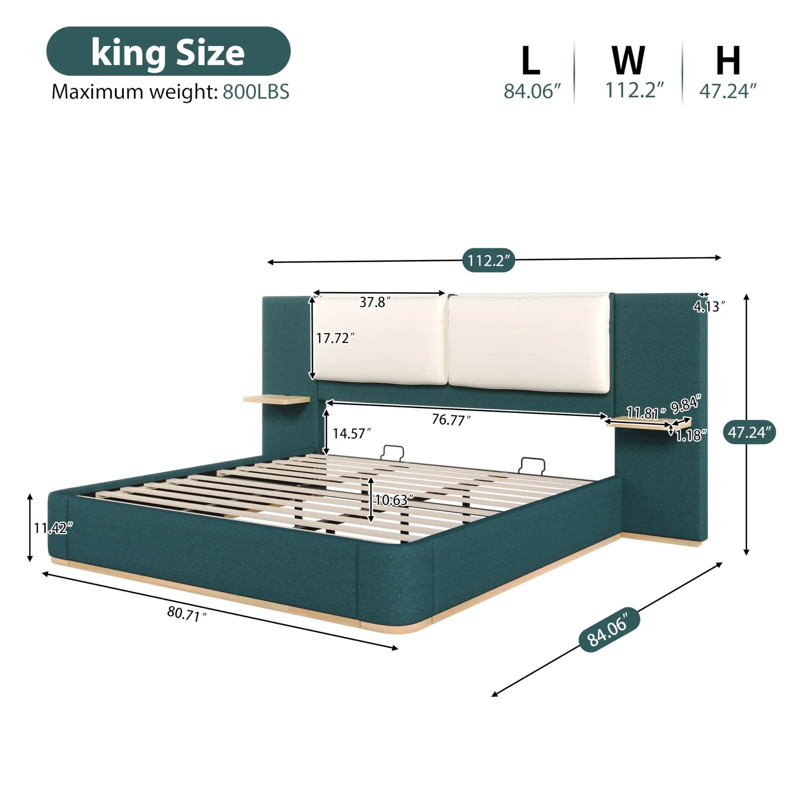 Queen Size Upholstered Bed Frame with integrated Shelves,Thick Headboard and Footboard,Wooden Structure Solid, Noise-Free,No B