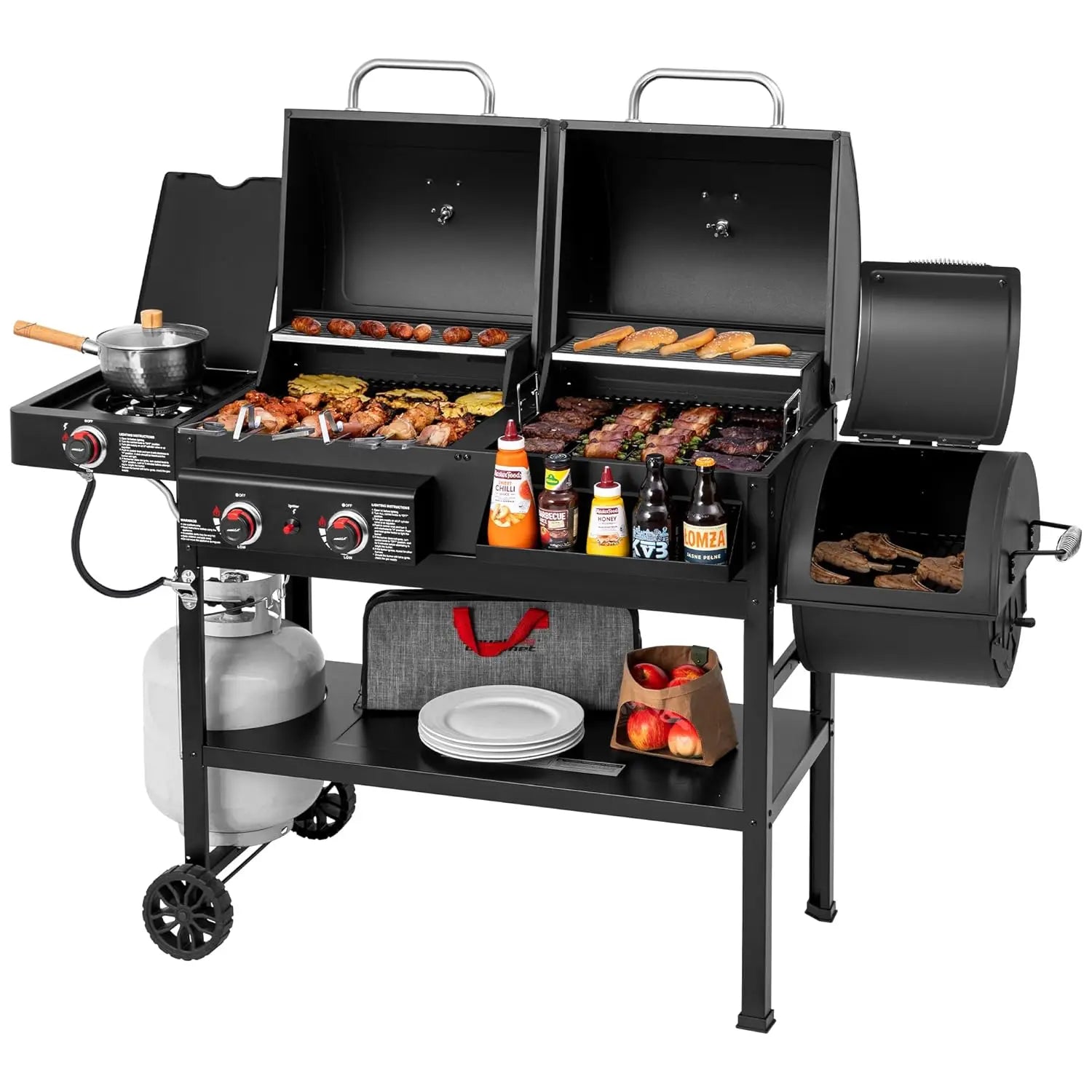 2 Burner Gas Charcoal Grill with Offset Smoker