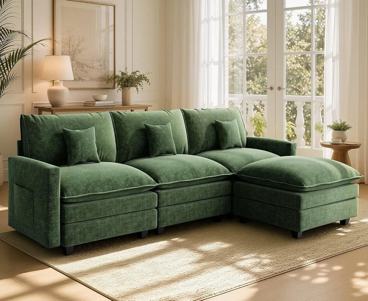 108 Inch Cloud Couch Sectional, Modular Sectional Sofa with Ottoman, Green