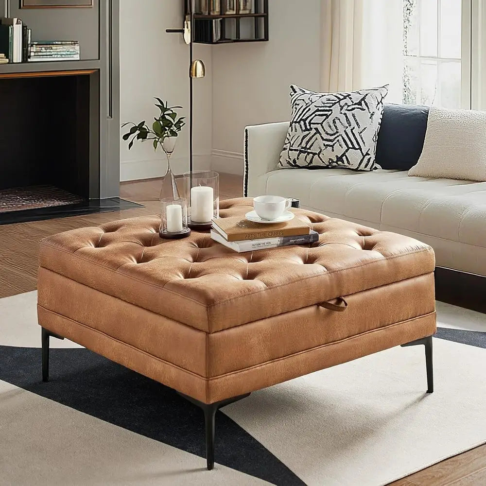 Square Storage Ottoman with Metal Legs