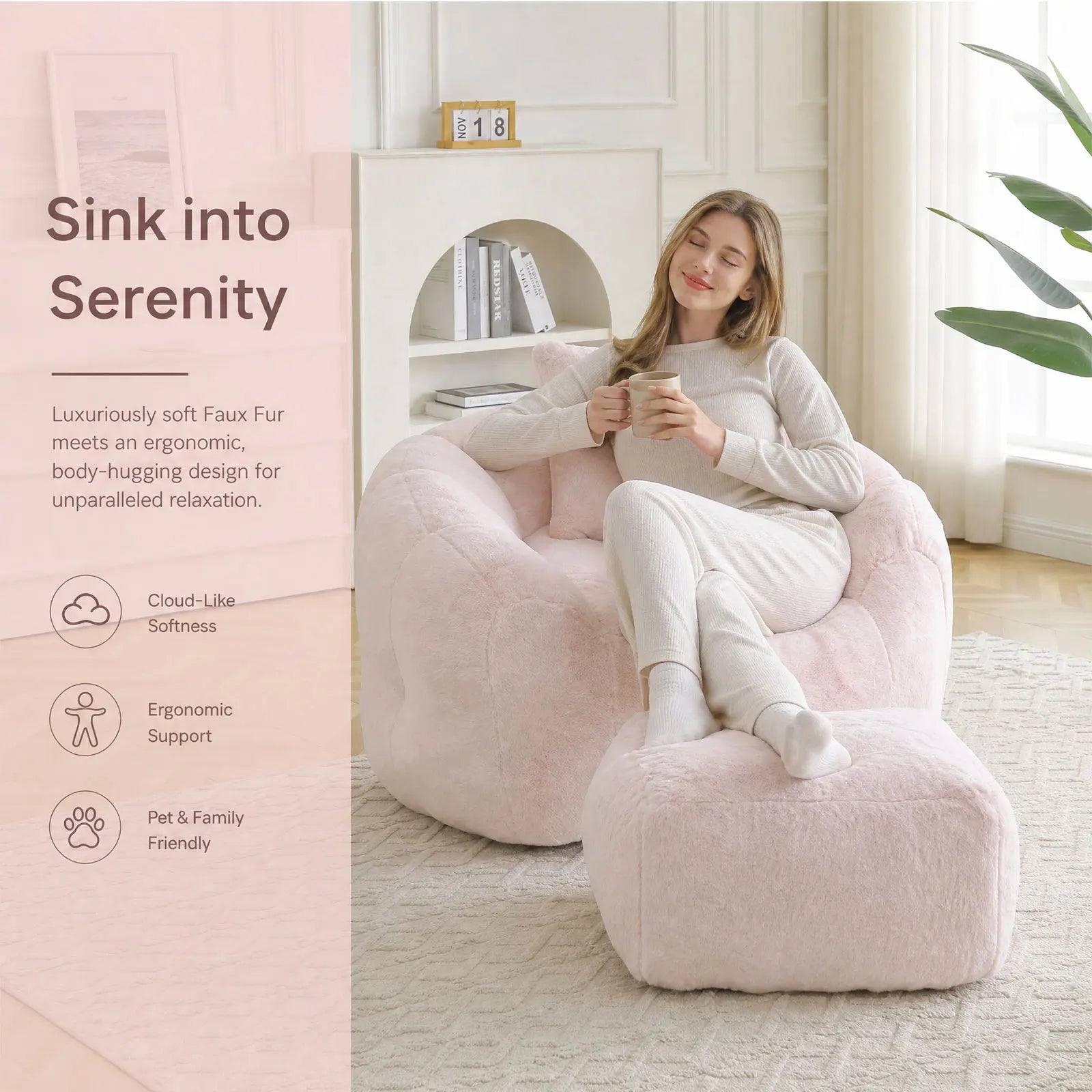 Bean Bag Chair with Ottoman, Comfy Bean Bag Chairs with Memory Foam Filled, Fluffy Beanbag Sofa with Dutch Velvet Cover, Teardrop BeanBag Chairs for Living Room, Playroom