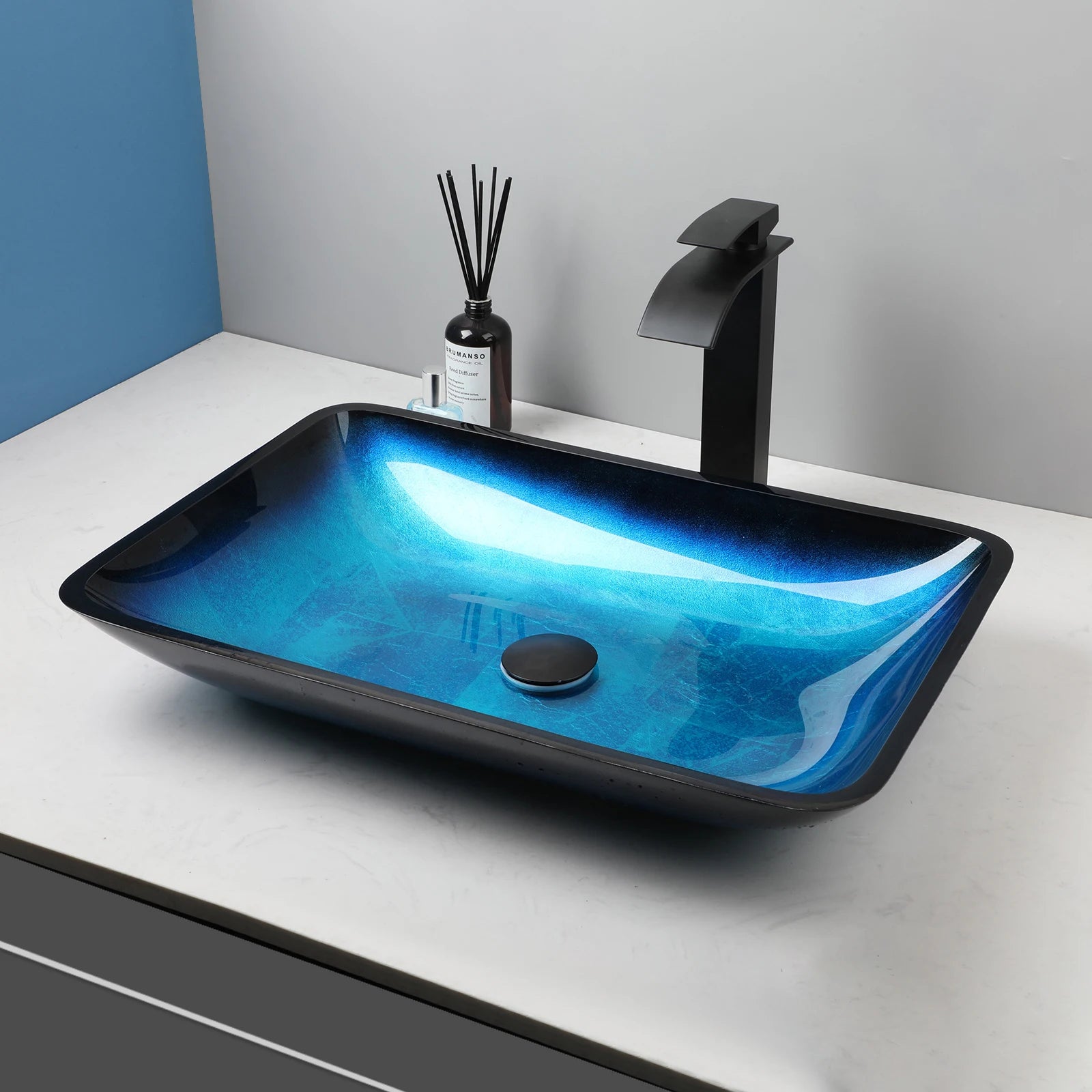 KEMAIDI Big Tempered Glass Basin Sink Washbasin Bathroom Vessel Sinks Counter Top Bowl Washroom Vessel Vanity Sink Faucet Set