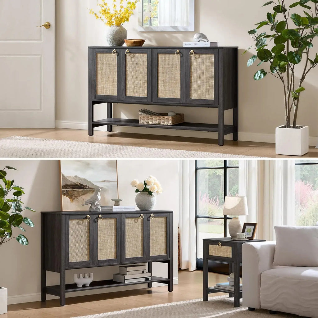 Obsidian Sideboard Buffet Cabinet with Rattan Doors