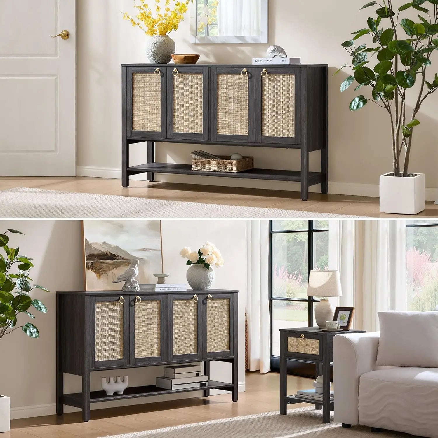 Obsidian Sideboard Buffet Cabinet with Rattan Doors
