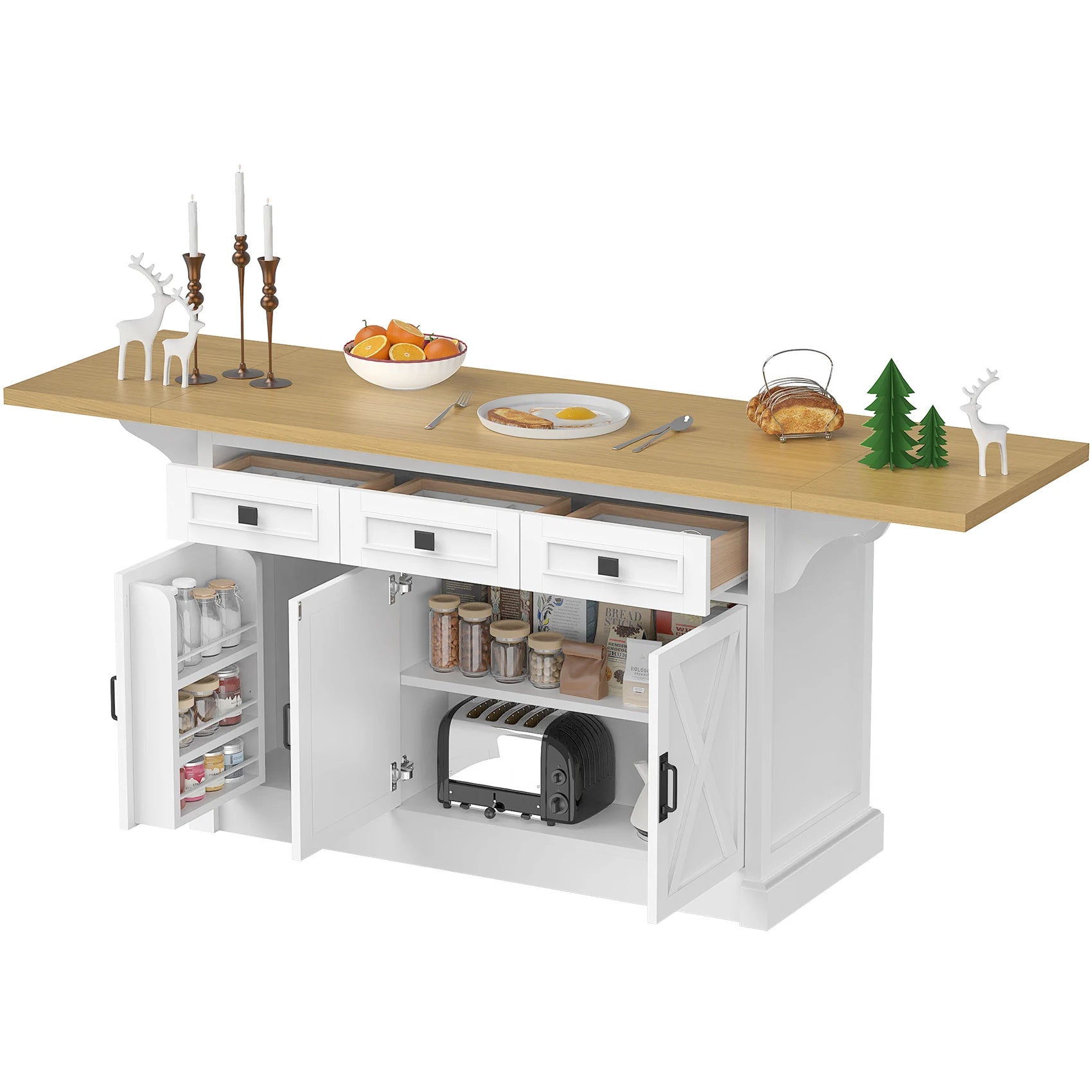 73" Large Kitchen Island Cart with Trash Storage Cabinet, Power Outlet, Drop Leaf, Island Table for Kitchen