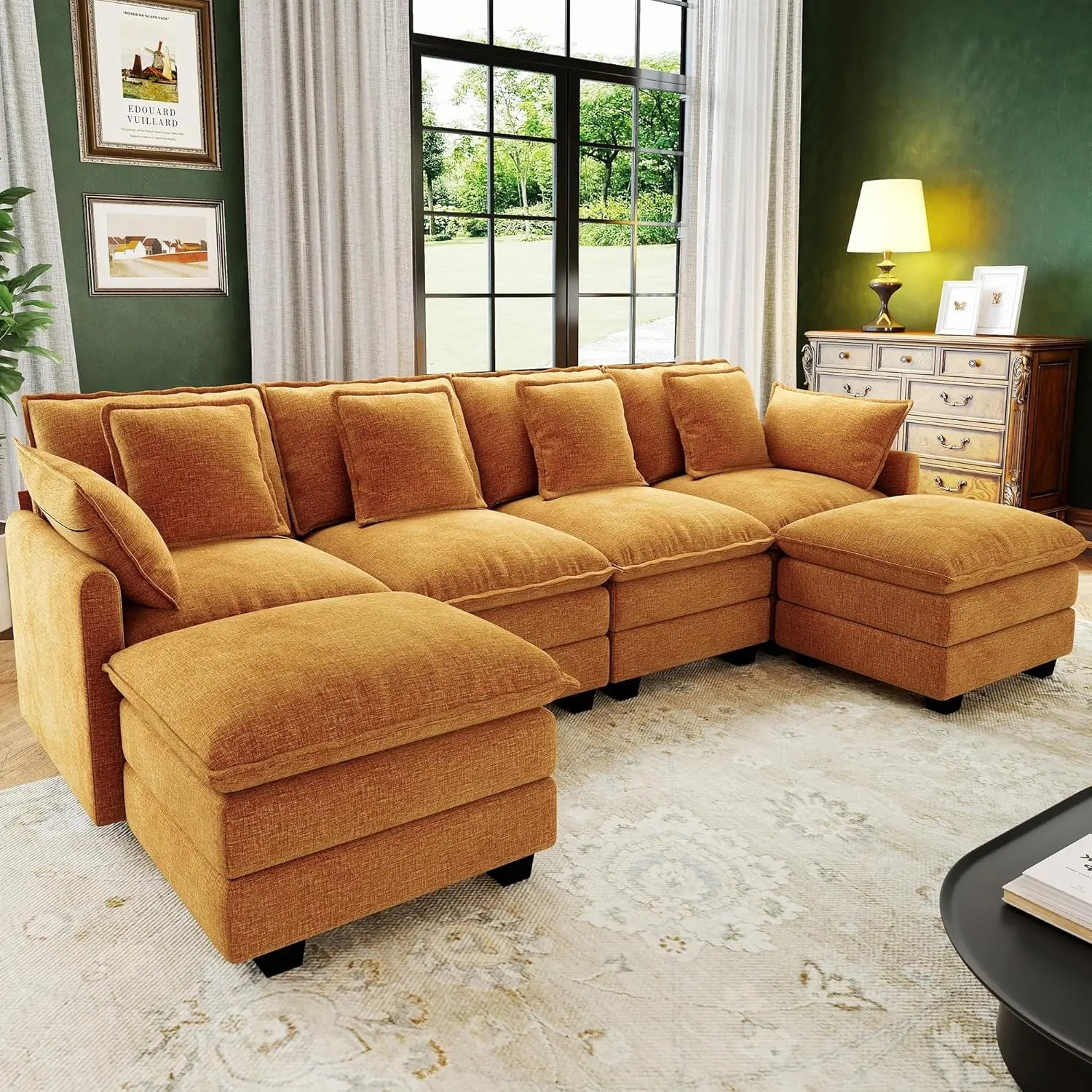 U Shaped Modular Sectional Sofa Deep Seat 4 Seat with 6 Washable Pillows