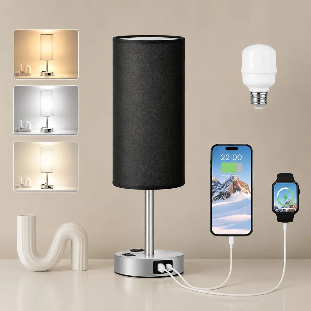 Dimmable Table Lamps with USB Charging Ports And AC Outlet