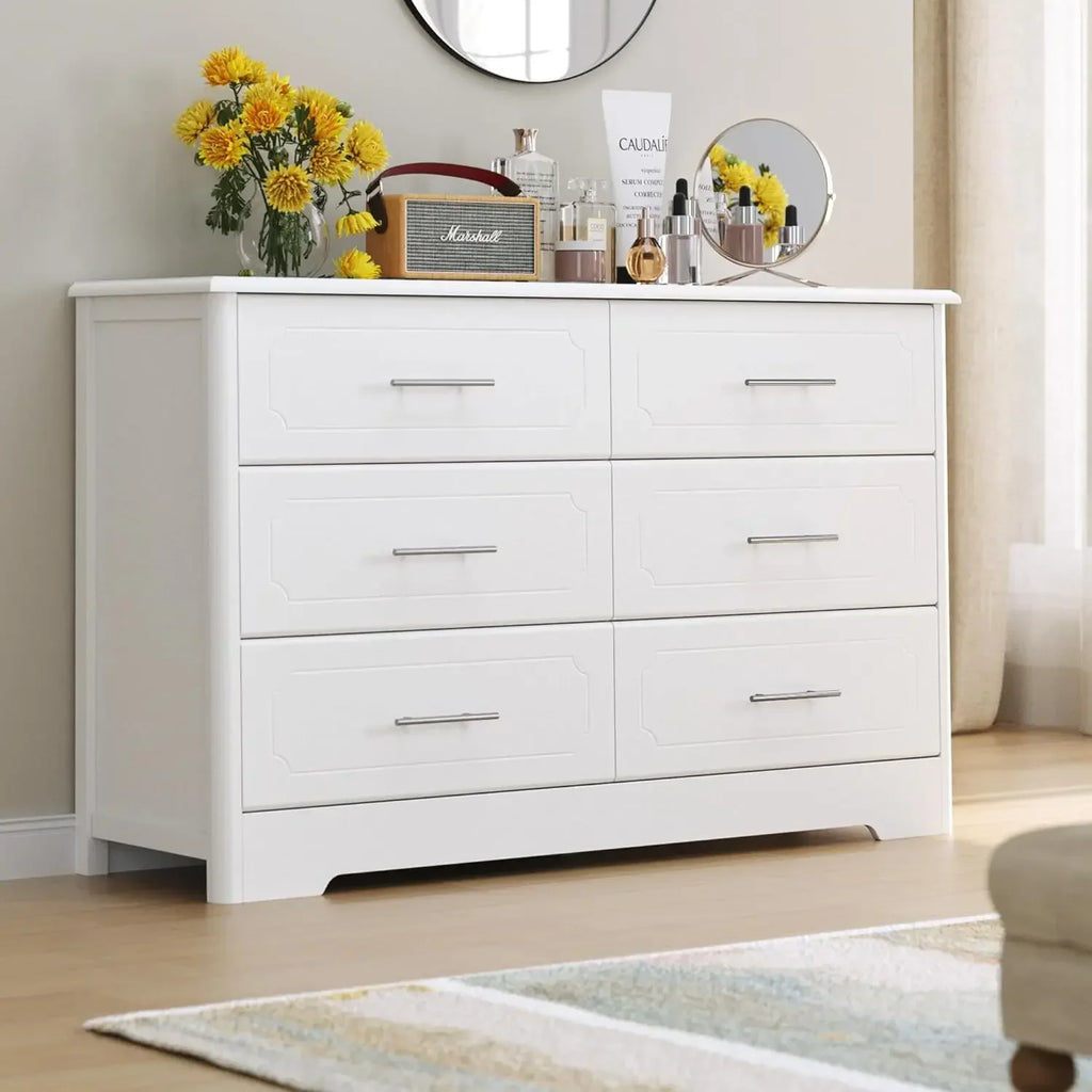 Furniture 6 Drawer Dresser, Modern White Wide Chest of Drawers with Metal Handels