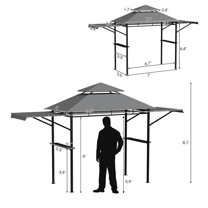 Patio BBQ Grill Gazebo Canopy with Dual Side Awnings-Gray