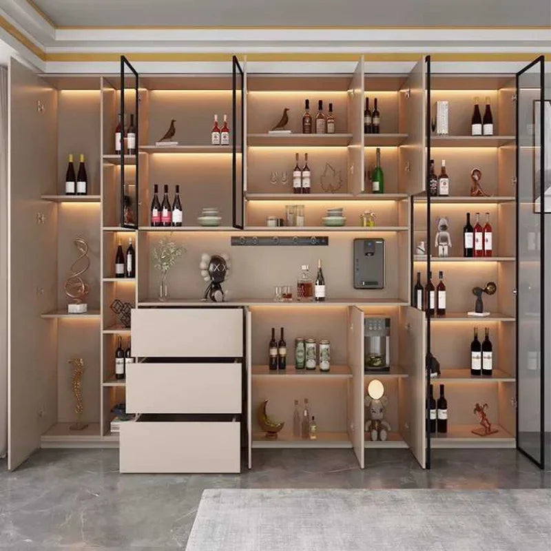 Kitchen Cabinet Sideboards Tall Cabinet with Glass Doors and Drawer Wine Cabinet Pantry Hunch with Shelves Kitchen Island