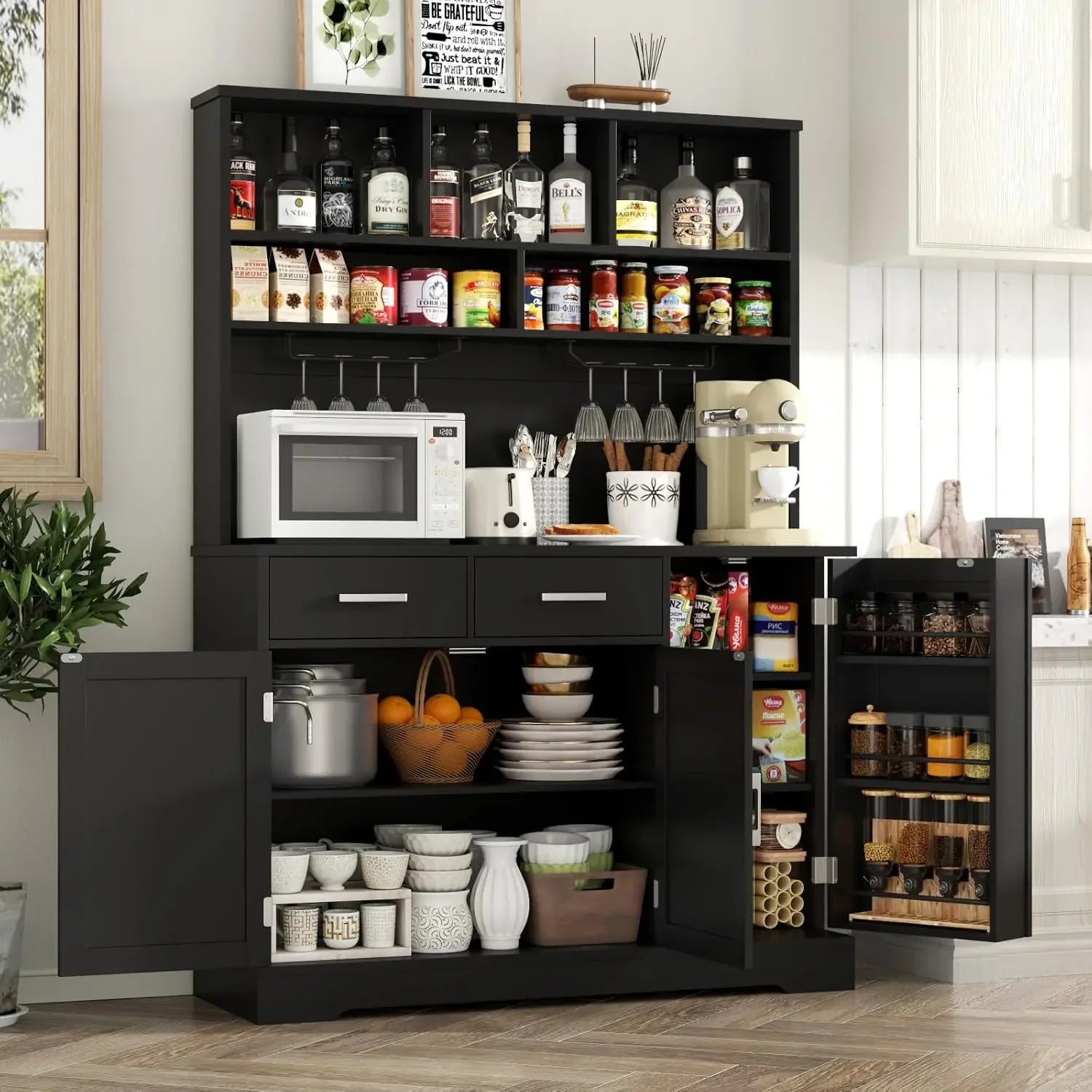 Modern Kitchen Hutch with Microwave Stand, Kitchen Pantry Storage Cabinet with 2 Darwers & Door Shelf，Tall Pantry Cabinet