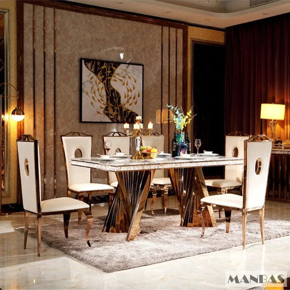 Luxury Dining Set: 6 Stainless Leather Chairs and Rectangle Marble Sea Shell Table