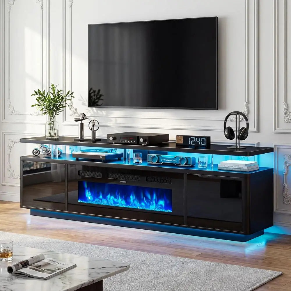 70 White TV Stand for Living Room, Electric Fireplace Entertainment Center with Dual LED Lights and Storage Cabinet, Supports TV