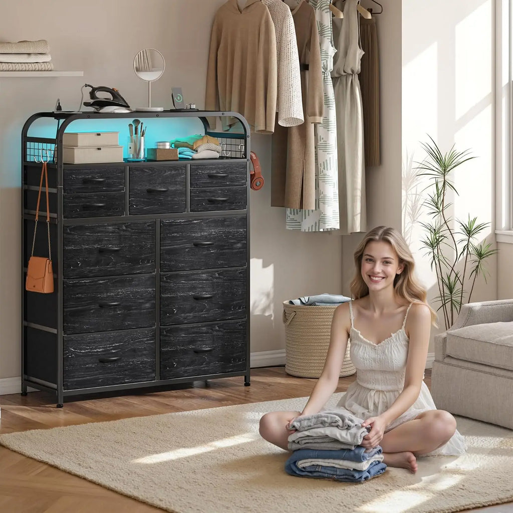 47" H Dressers & Chests of Drawers with LED Lights & Charging Station, Dresser for Bedroom with 11 Fabric Drawers & 4 Hooks
