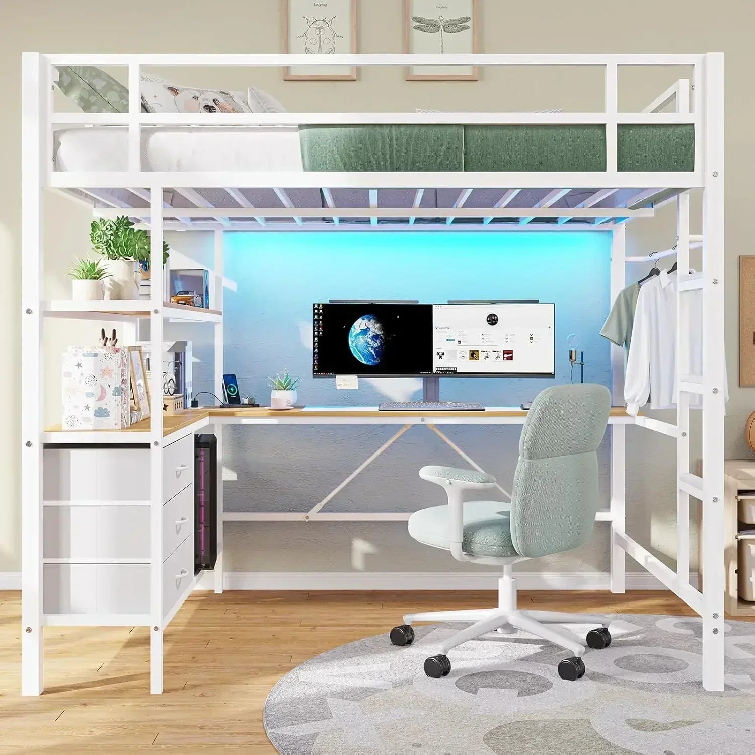 LED Lights and Charging Station Full Metal Loft Bed