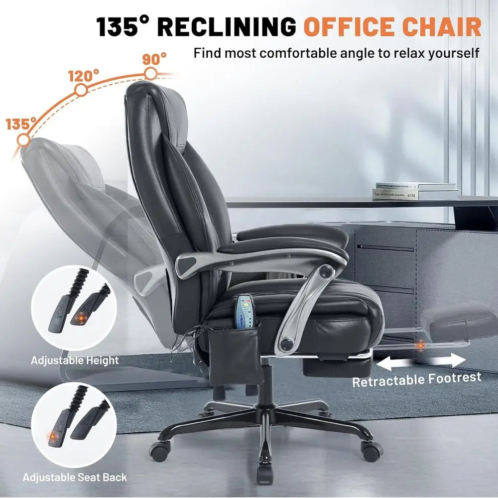 Heated Massage Office Chair with Footrest, 6-Point Vibration, Ergonomic Reclining Desk Chair, PU Leather Seat for Comfortable Ho