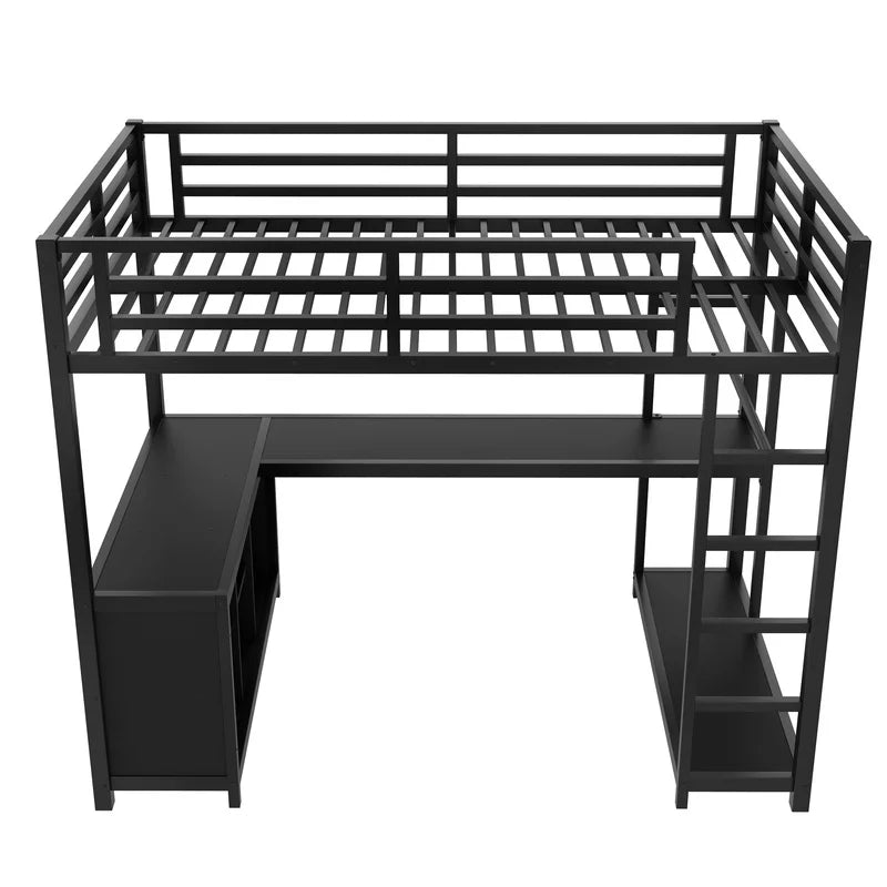 Black Metal Loft Bed with Wardrobe and L-Shaped Desk, Twin Size, Storage Shelves, for Kids Teens Adults