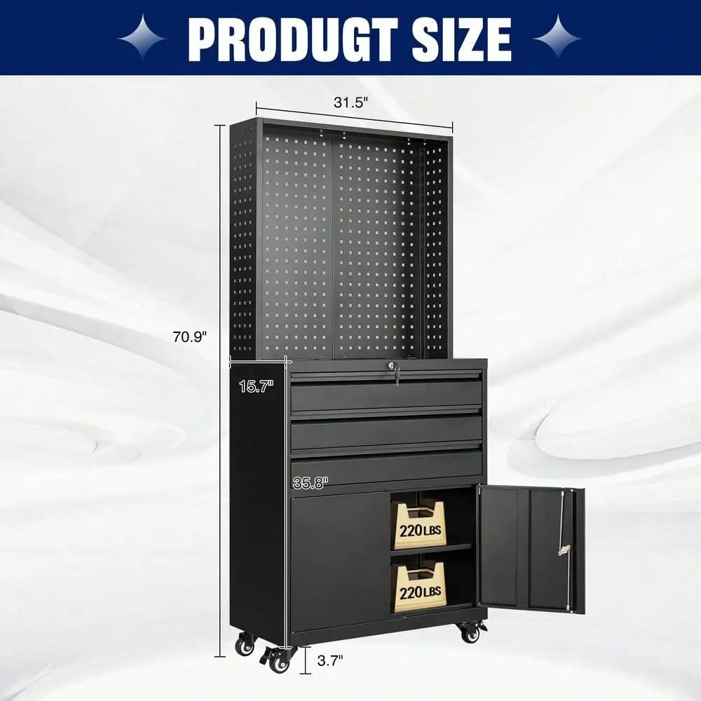 Metal Garage Storage Cabinet With Wheels,3Drawer Rolling Tool Cabinet With 2 Door And Adjustable Shelves, 71 Steel Tool Cabinet