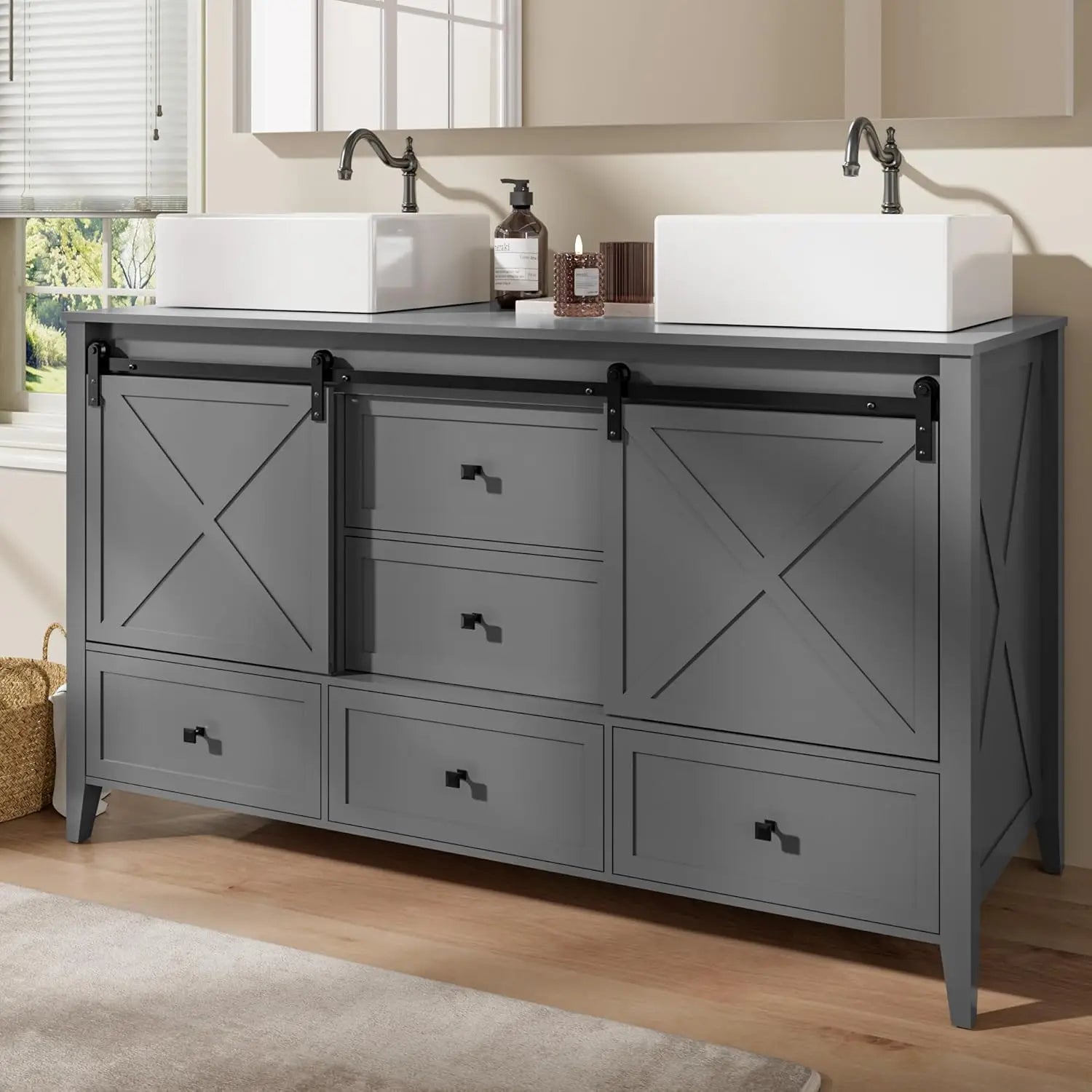 Bathroom Vanity with Sink, 60 Inch Bathroom Vanity Double Sink Ceramic