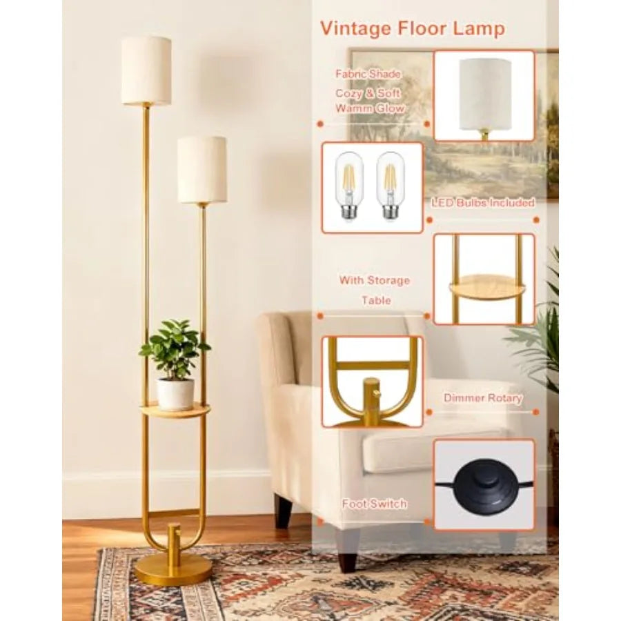 63Inch Floor Lamp Dimmable Gold Floor Lamp with 5Lbs Heavy Base for Living Room 2-Light Mid Century Modern Tall Standing Lamp w