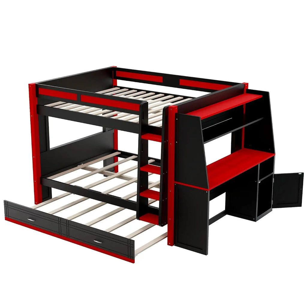 Full Size Gaming Bunk Bed with Desk, LED Lights & Trundle