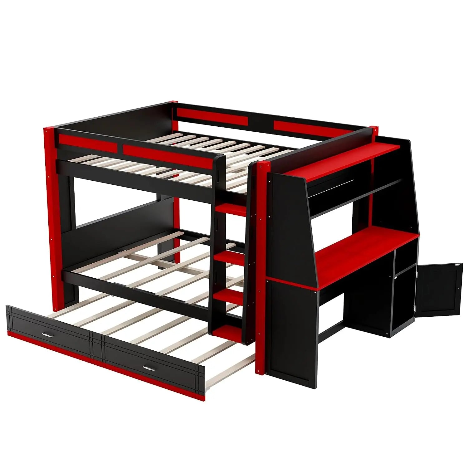 Full Size Gaming Bunk Bed with Desk, LED Lights & Trundle