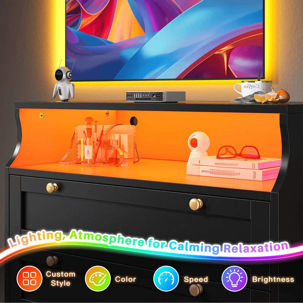Tall 5 Drawer Dresser with LED Lights and 2 Shelves