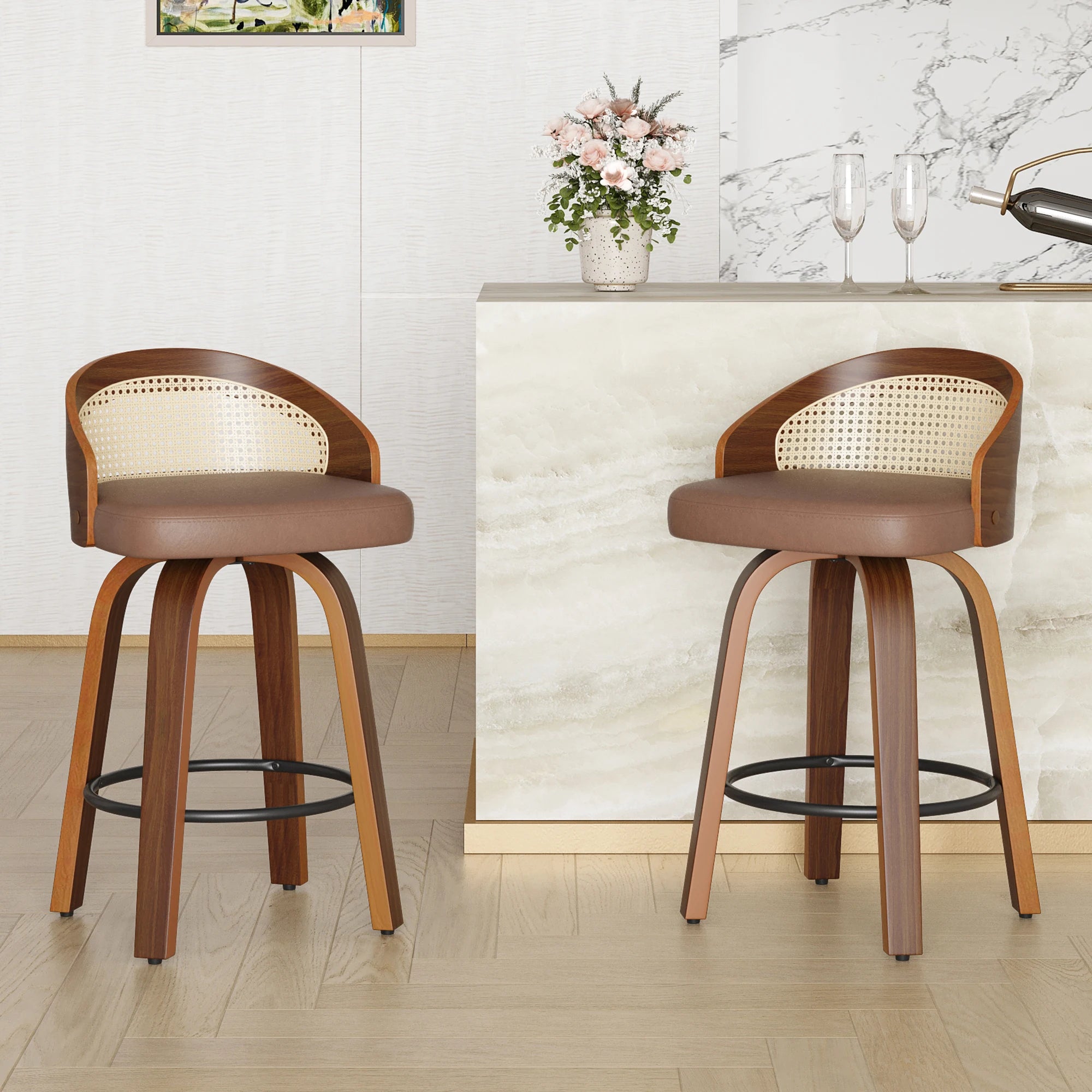 Set of 2 Swivel Bar Kitchen Stools, Modern Wood Frame with Rattan Back,
