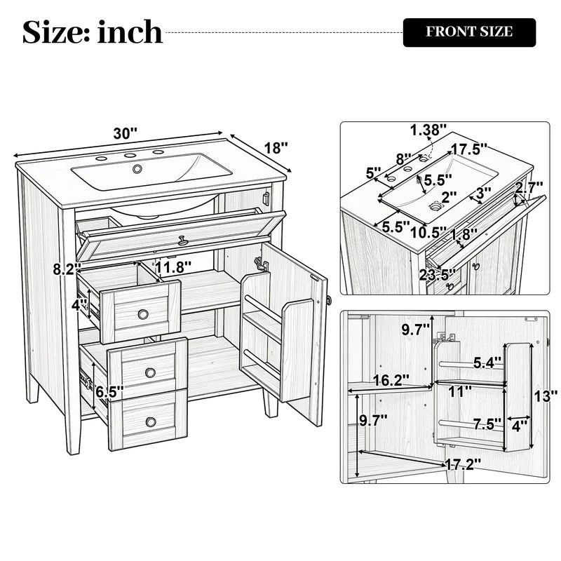 30" Natural Wood Grain Bathroom Vanity with Ceramic Sink