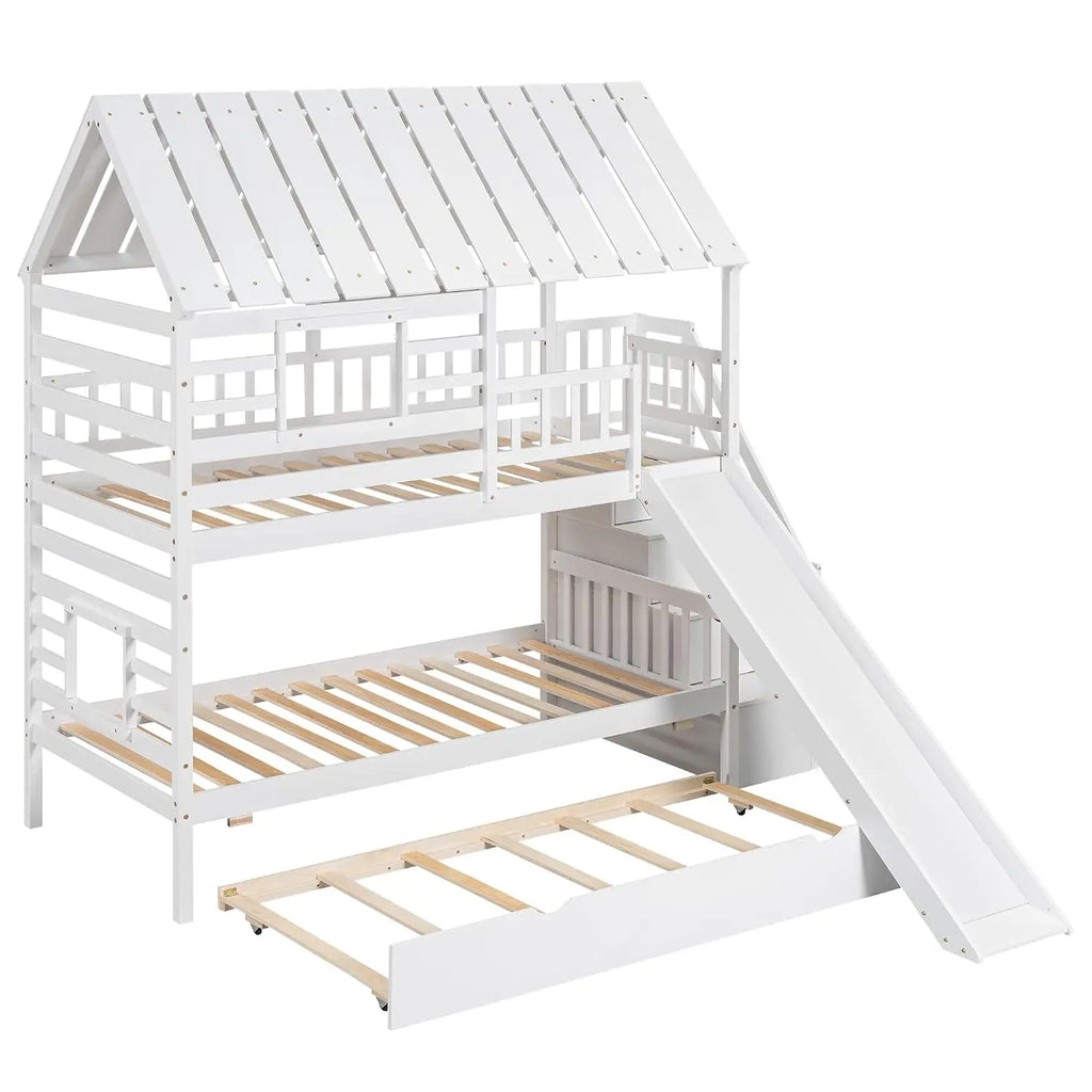 Twin Over Twin House Bunk Bed with Slide & Trundle
