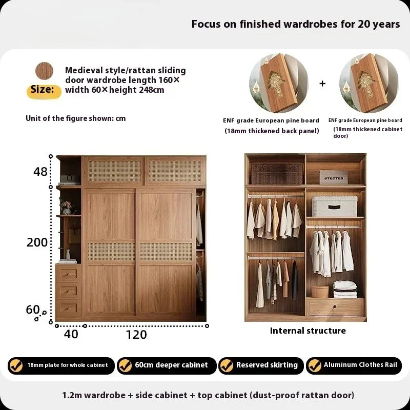 Rattan Armoire Nordic Sliding Door Large Drawers Storage Closet