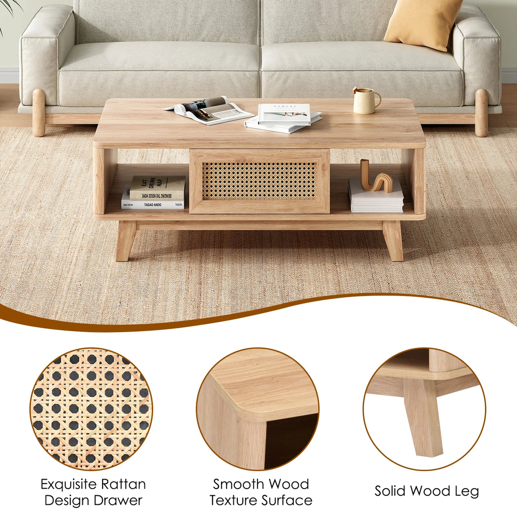 Modern Coffee Table with Rattan Drawer