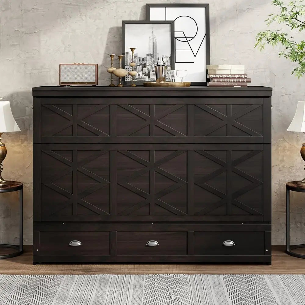 Wooden Queen-Size Murphy Bed with Large Drawers and USB Ports, Brushed Finish