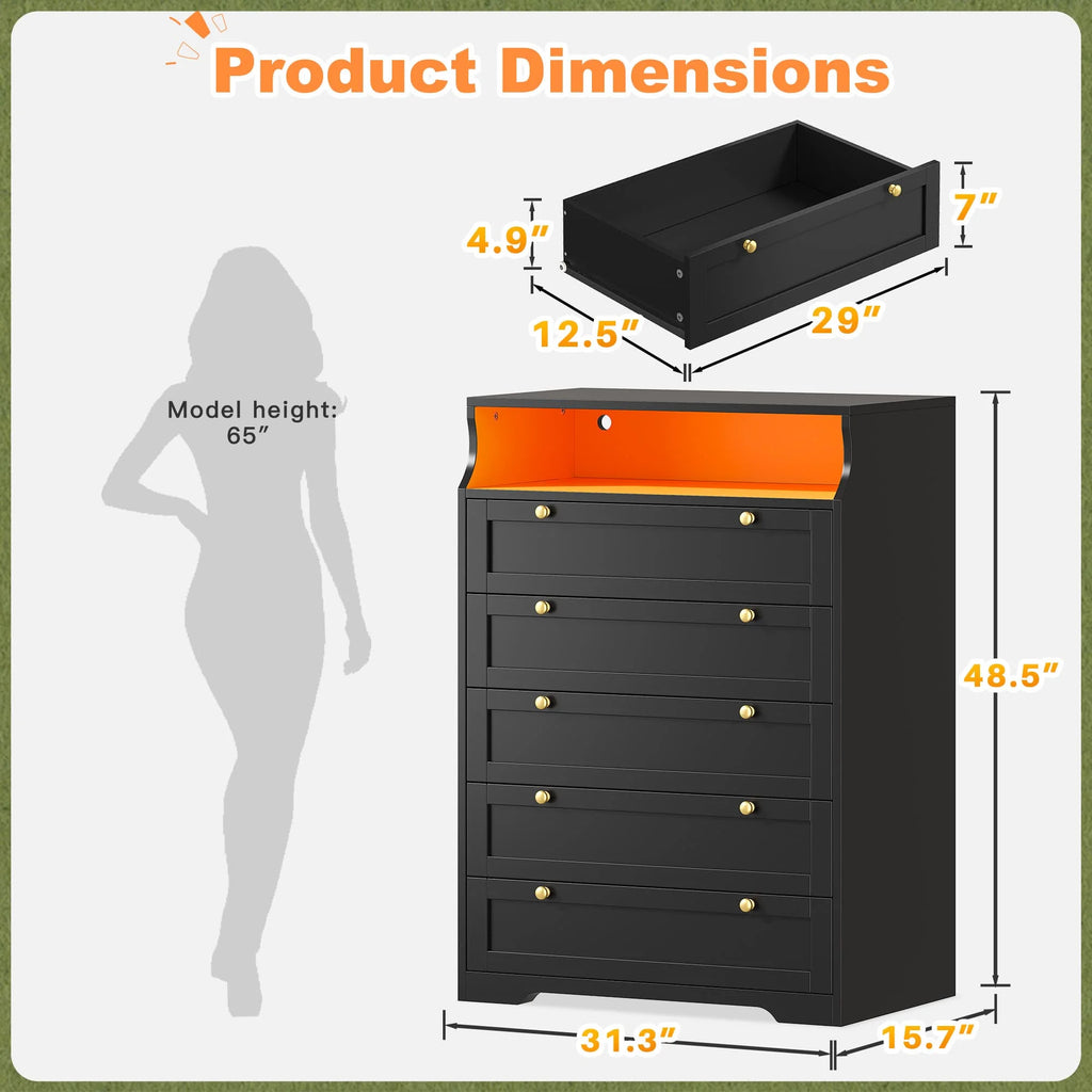 Tall 5 Drawer Dresser with LED Lights and 2 Shelves
