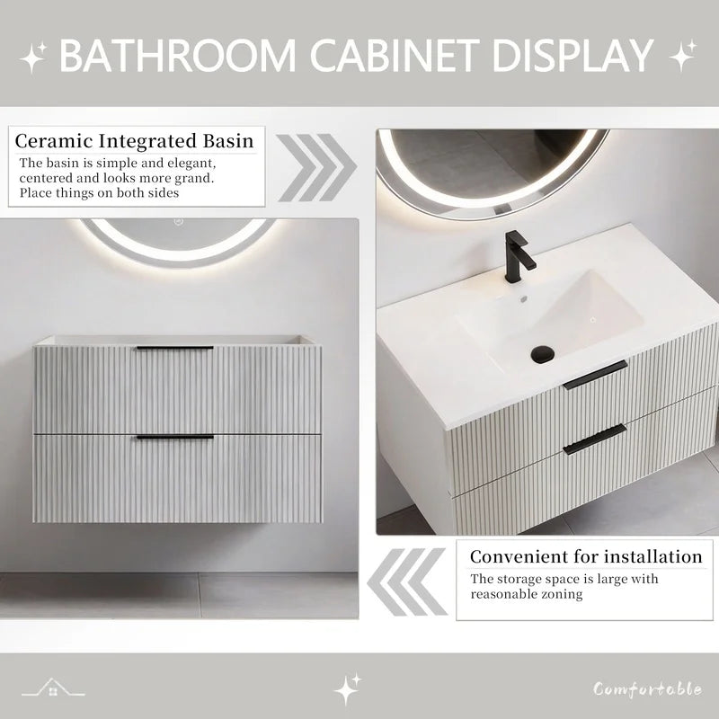 36 Inch Wall Mounted Floating Vanity with Ceramic Sink and Drawers