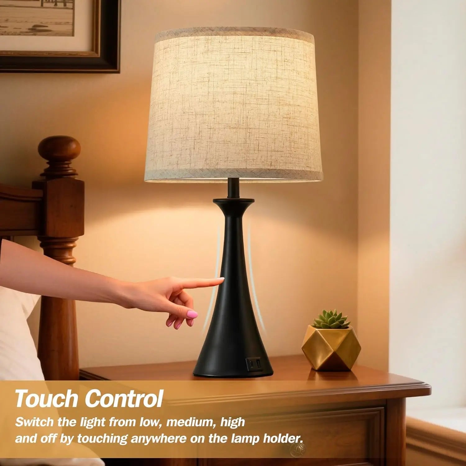 Touch Lamp , 21" Table Lamps Set of 2 with USB C+A Ports,