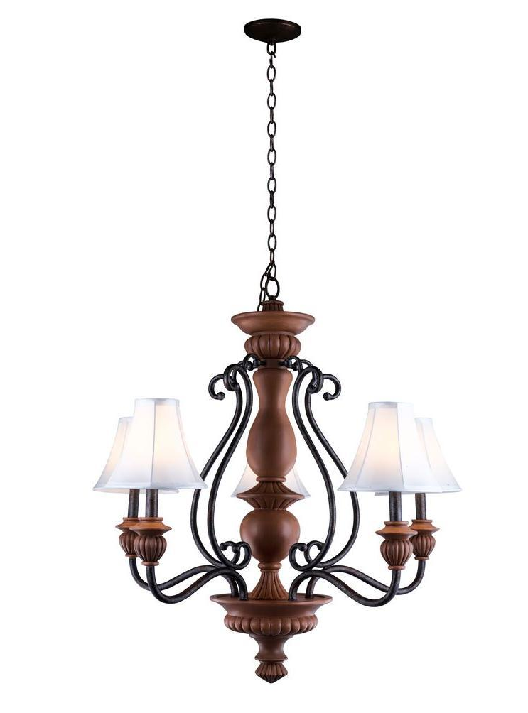 5-Light Elegant White Fabric Shade Antiqued Gold Chandelier