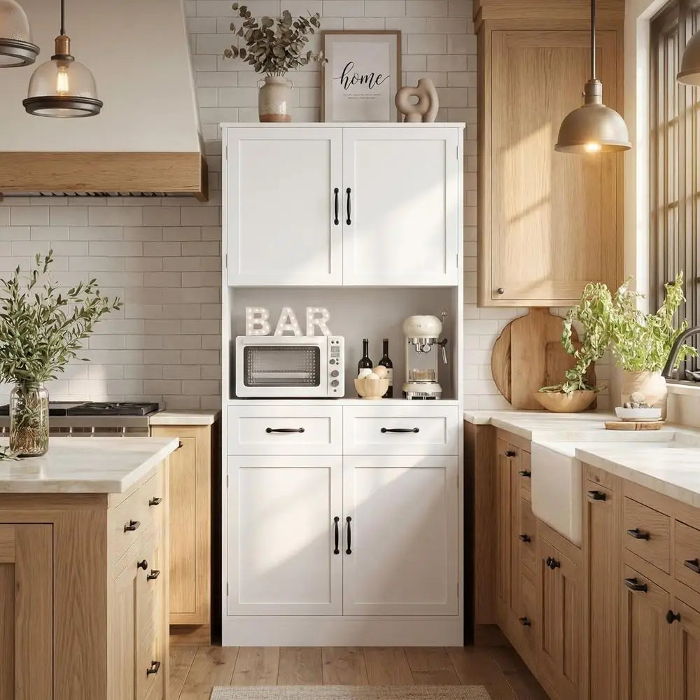 71-inch Tall White Kitchen Pantry Cabinet with Microwave Stand and Hutch for Dining Room Storage