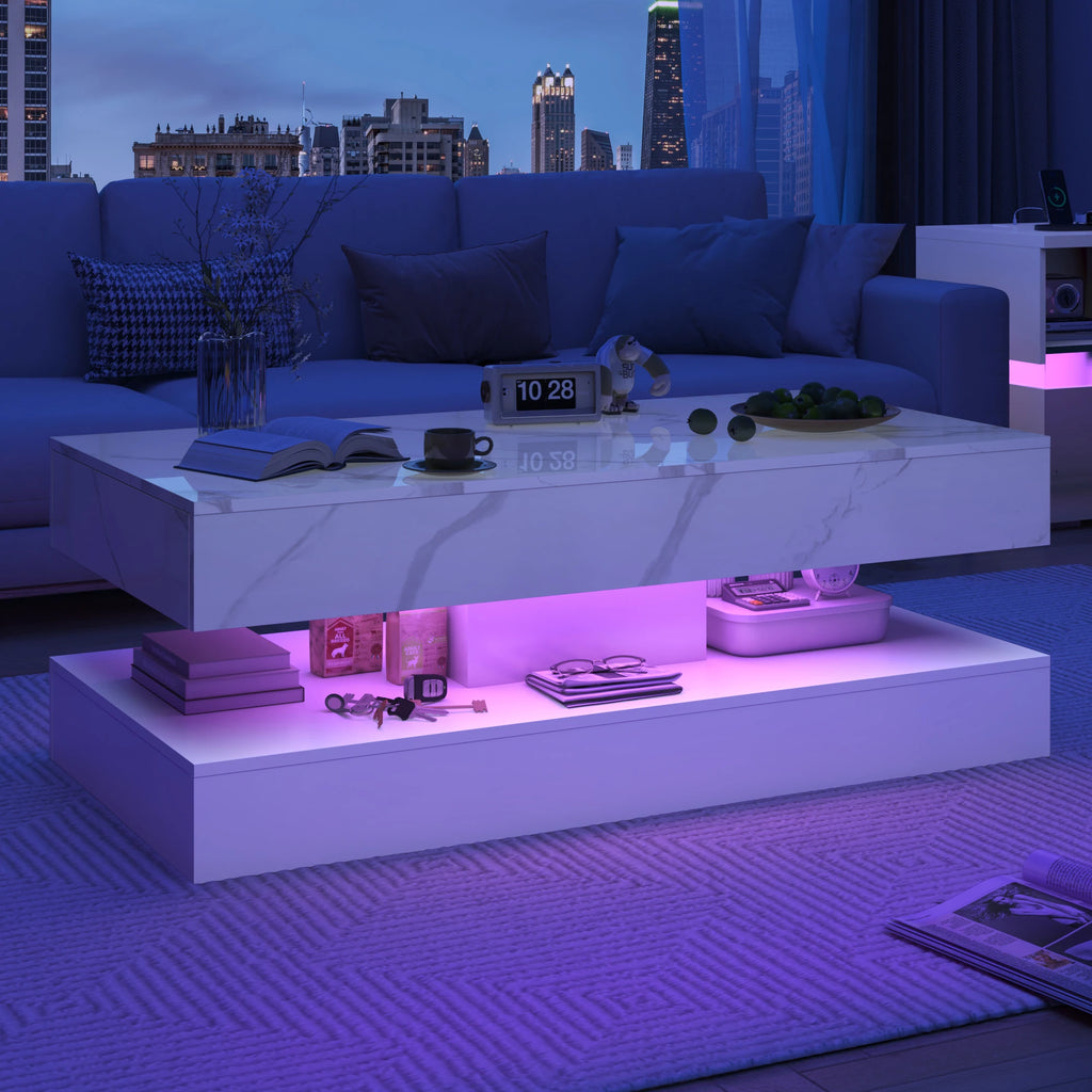 Modern Coffee Table, LED lights, Double-Layer Design