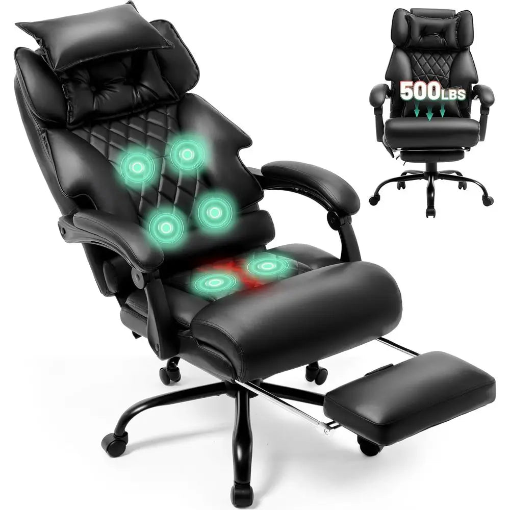Ergonomic Vibration & Heat Massage Office Chair, 6 Points, 500 lbs Capacity, Dual-Use Pillow, Suitable for Home & Office, Black