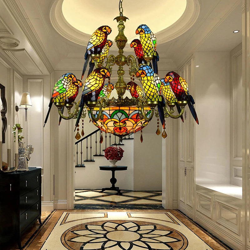 Art Deco Tiffany Parrot Designer Chandelier