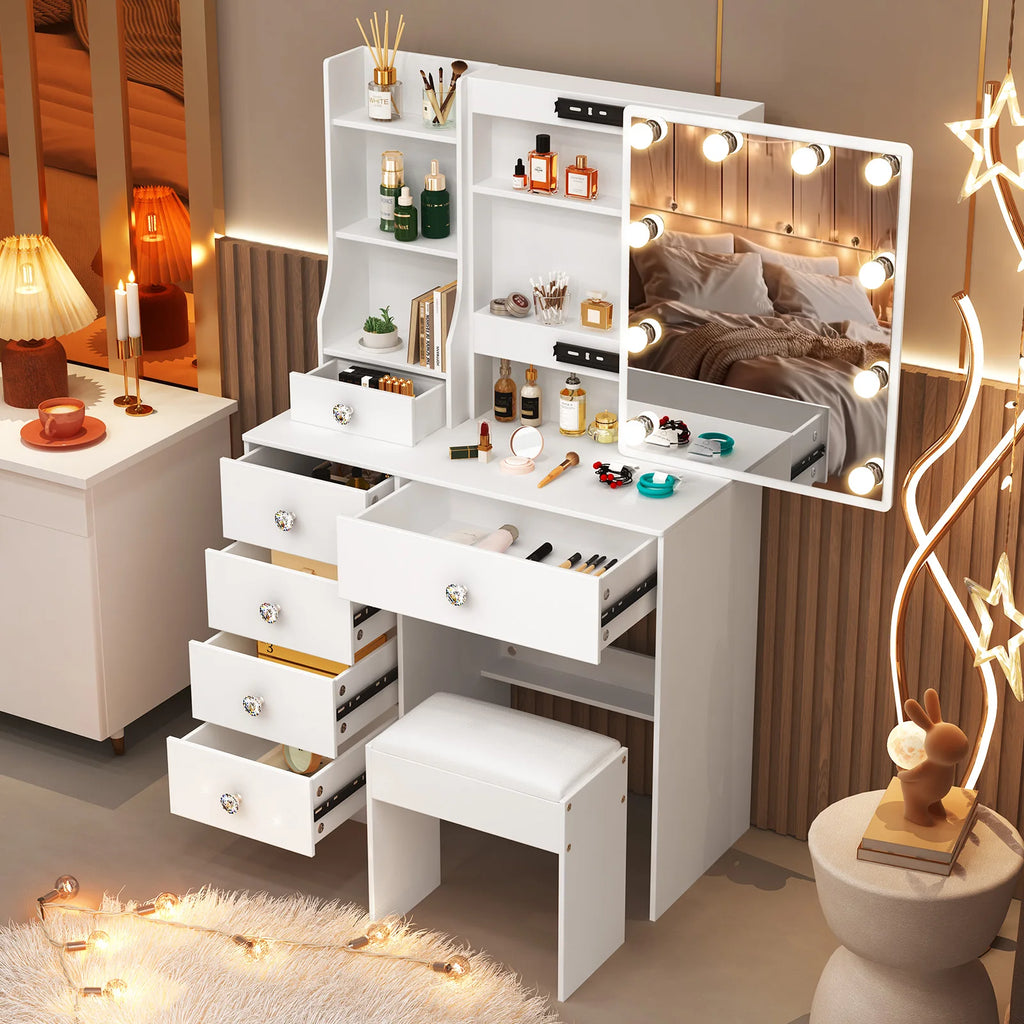White LED Makeup Vanity Set with Sliding Mirror