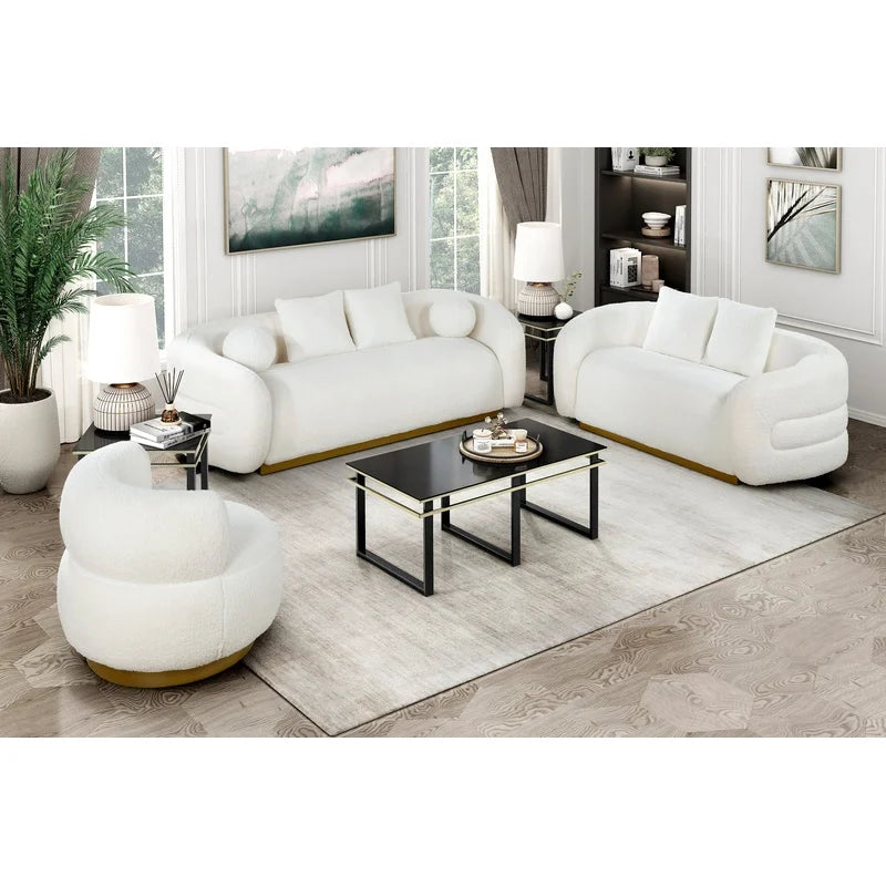 White and Gold Upholstered 3-Piece Living Room Sofa Set