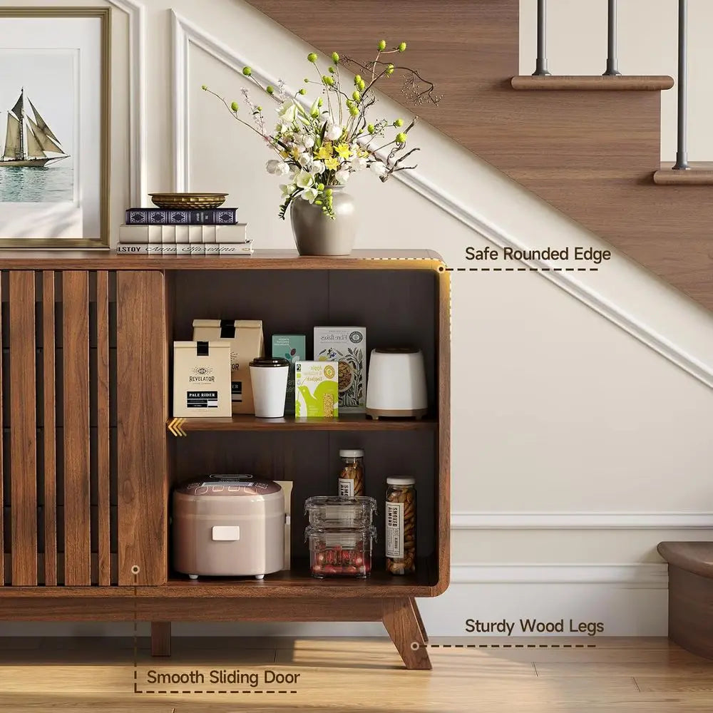 Walnut Sideboard Buffet Cabinet with Sliding Doors and Storage for Living Room or Kitchen