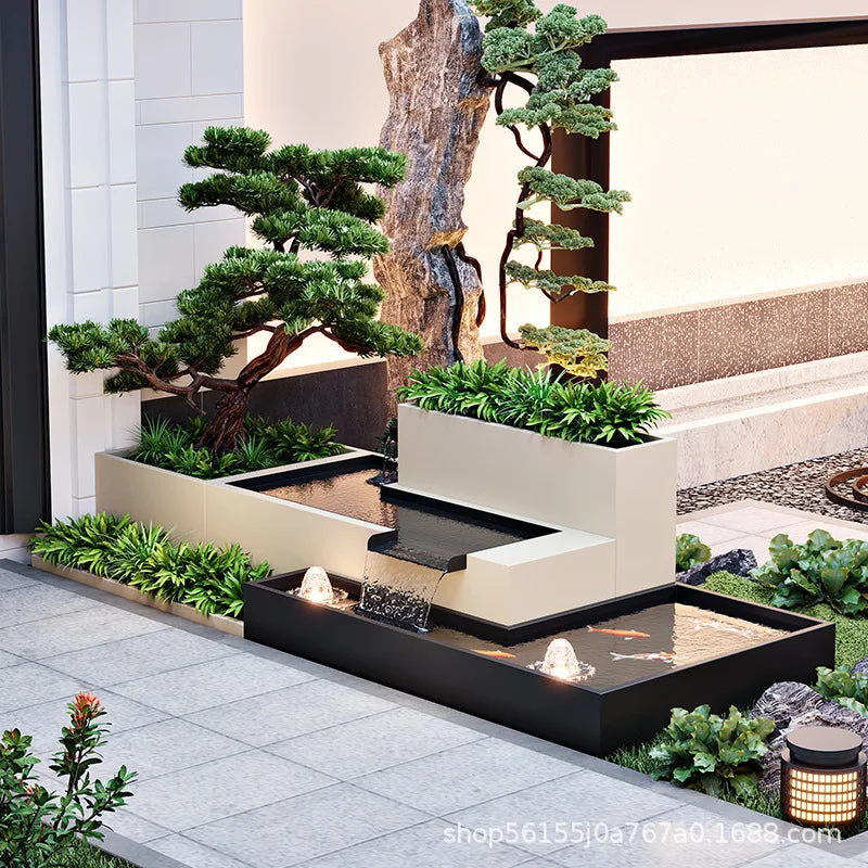 Outdoor flowing water, garden, fish pond, flower bed