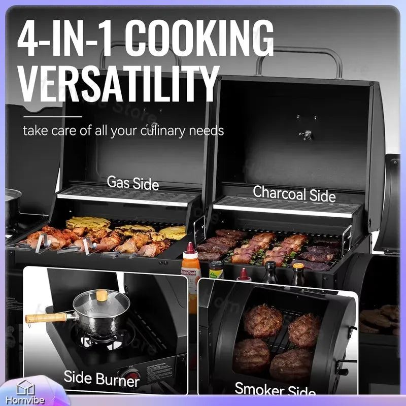 2 Burner Gas Charcoal Grill with Offset Smoker