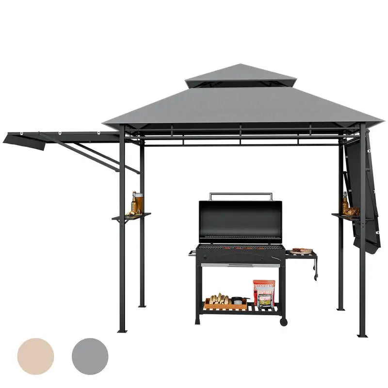 Patio BBQ Grill Gazebo Canopy with Dual Side Awnings-Gray