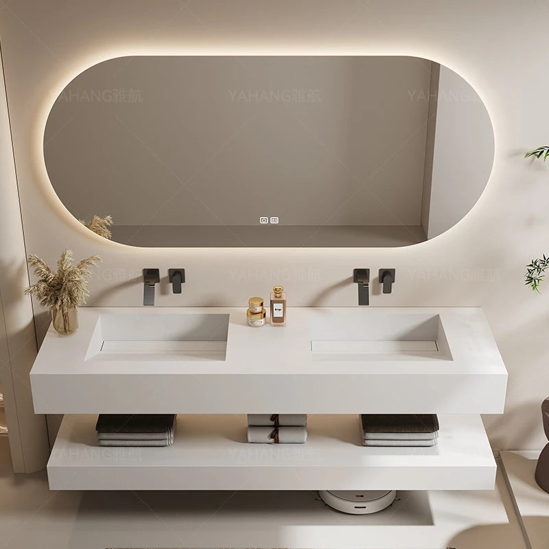 Slanted Basin Bathroom Vanity Set with Integrated Stone Slab