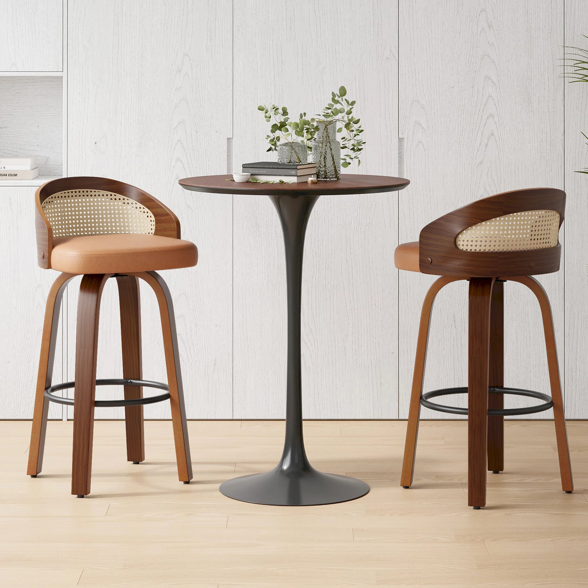 Set of 2 Swivel Bar Kitchen Stools, Modern Wood Frame with Rattan Back,