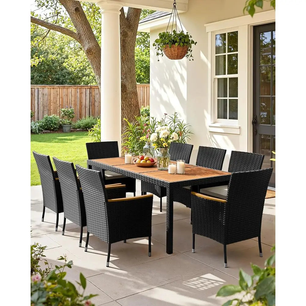 9-Piece Outdoor Acacia Wood Patio Dining Set with Cushioned Chairs